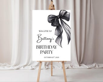 Schwarze Schleife Geburtstag Willkommensschild - schick, minimalistisch, schwarzes Band Kokette druckbare Geburtstagsdekoration, bearbeitbare Canva-Vorlage