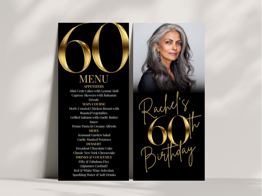 Black and Gold 60th Birthday Dinner Menu - Elegant Birthday Party Menu ...