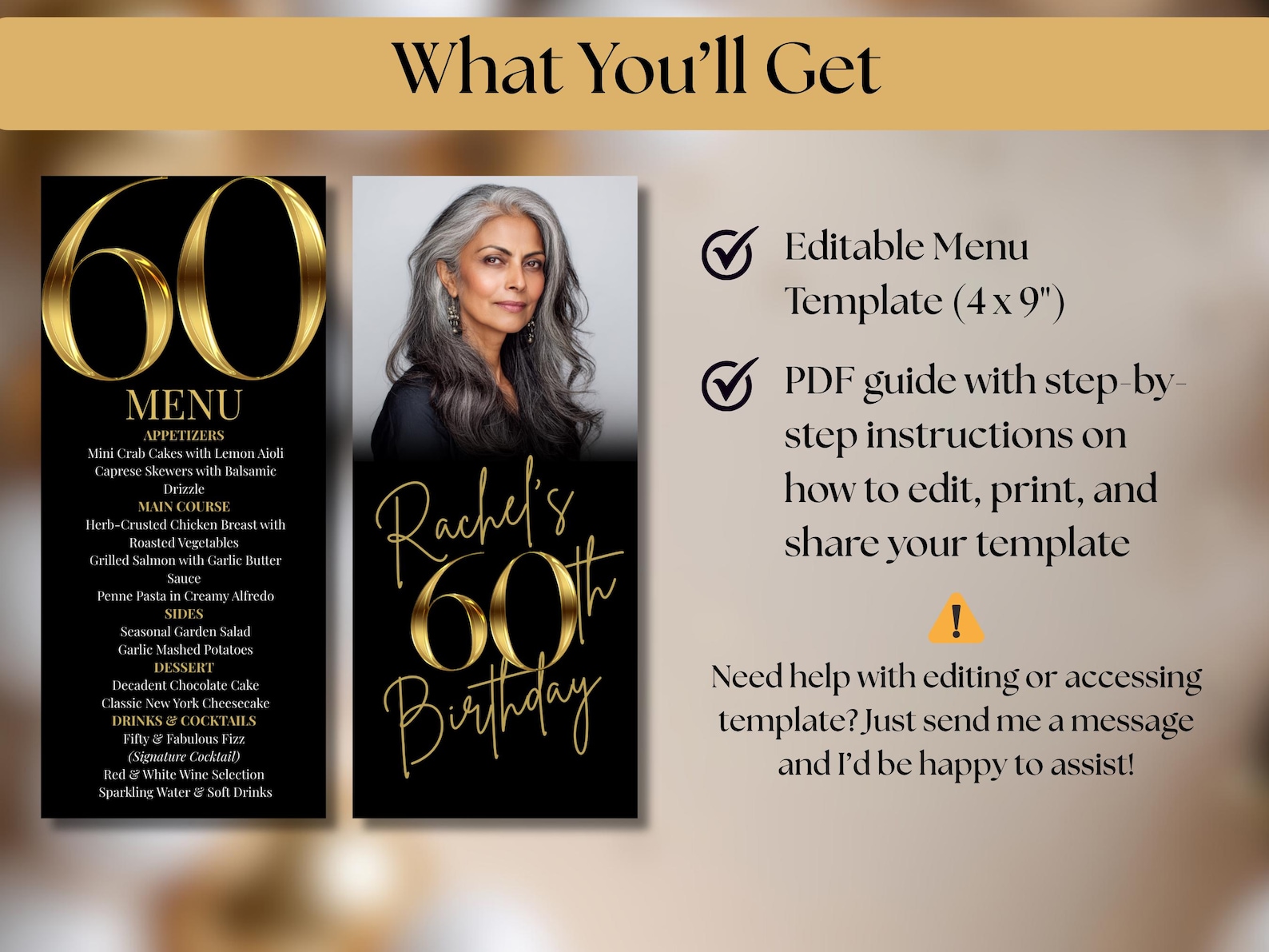 Black and Gold 60th Birthday Dinner Menu - Elegant Birthday Party Menu ...