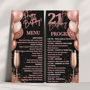 Menú y programa de cumpleaños número 21 en oro rosa: menú elegante para cena y programa para eventos formales, plantilla editable de Canva.