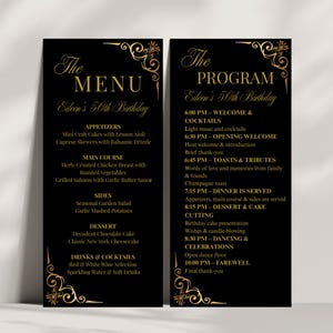 Pode incluir: Dois cartões pretos com detalhes dourados, um é um menu e o outro um programa para um evento. O menu lista pratos e bebidas. O programa detalha o cronograma, incluindo boas-vindas, jantar e dança.