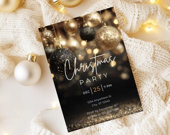 May include: A Christmas Party invitation with a black and gold design. The invitation features the words "Christmas Party" in elegant script, along with the date and time. Decorative ornaments and a knitted blanket complete the festive scene.
