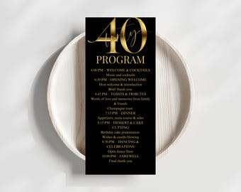Programa del 40.º cumpleaños en negro y dorado: itinerario elegante, plantilla editable de Canva