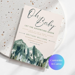 May include: Baby shower invitation with the text "Oh Baby" in a script font. The invitation features a watercolor mountain scene in green and gray, with event details and a "Customize in Canva" button.