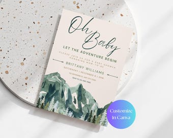 May include: Baby shower invitation with the text "Oh Baby" in a script font. The invitation features a watercolor mountain scene in green and gray, with event details and a "Customize in Canva" button.