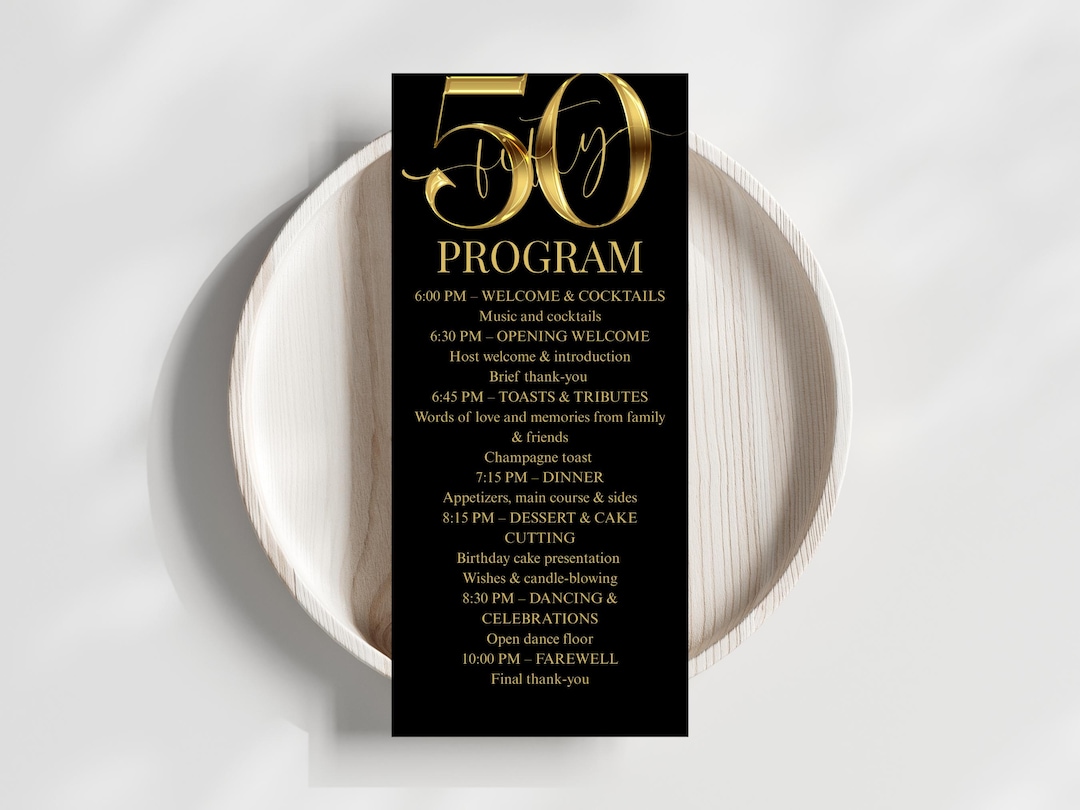 Black and Gold 50th Birthday Event Program - Elegant Event Itinerary ...