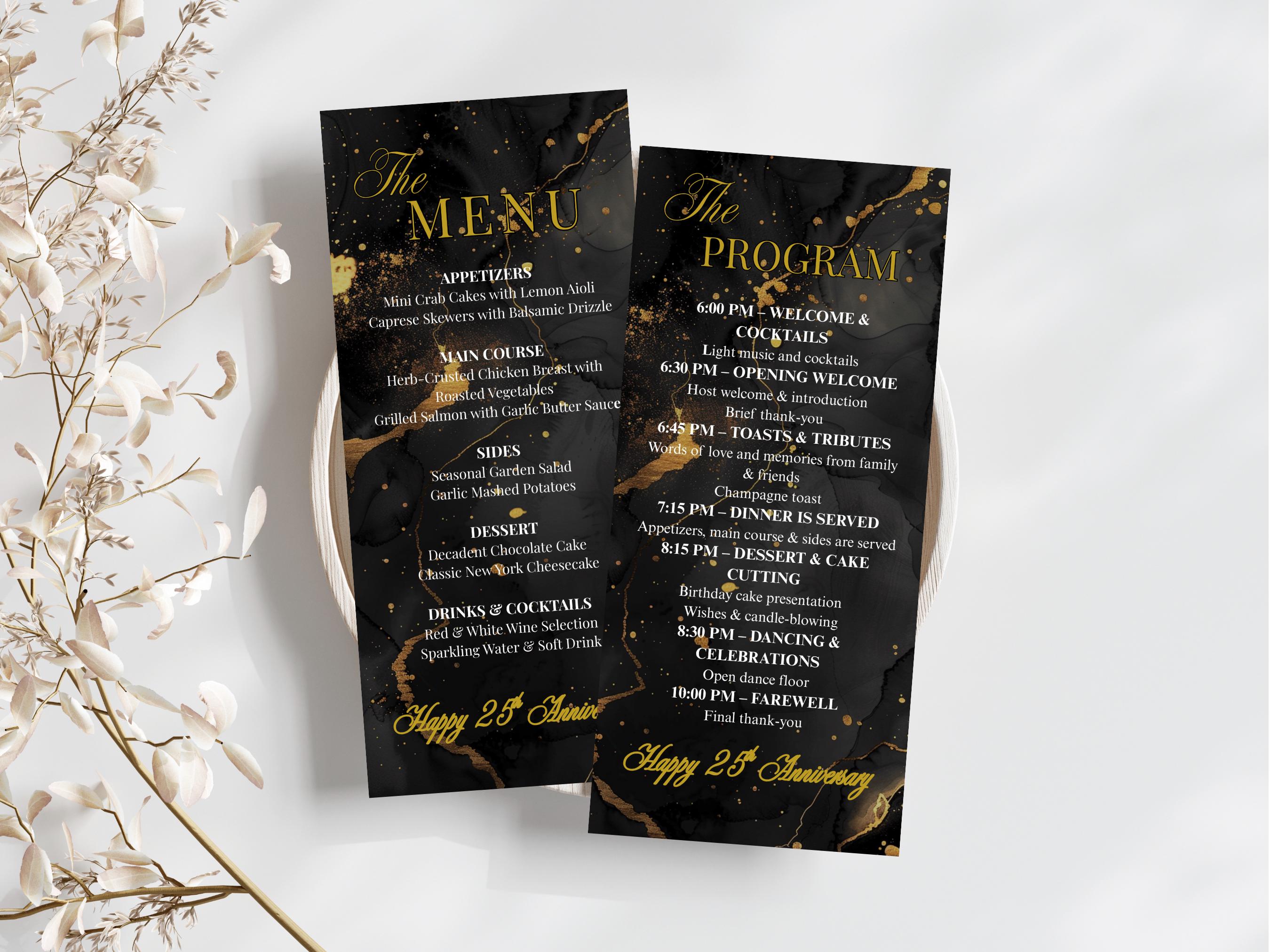 Black and Gold Menu and Program Template - Elegant Dinner Menu & Formal ...