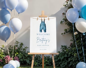 Blue Jean Baby Shower Welcome Sign - Rustic Denim Overalls, Editable Canva Template