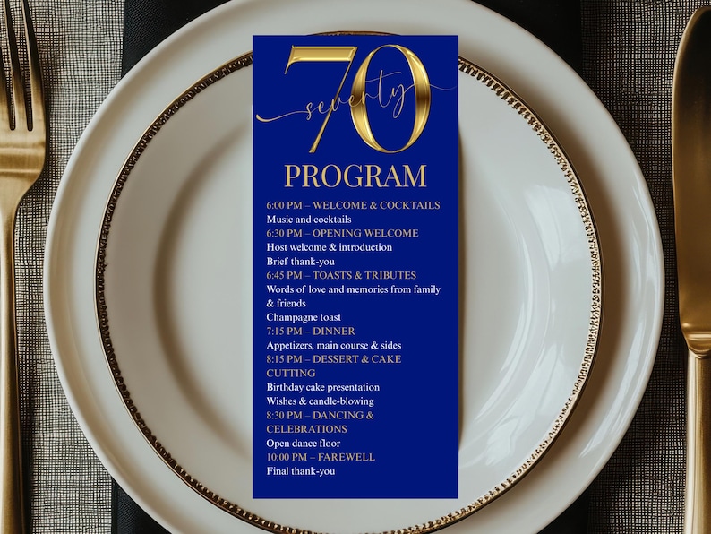 Blue and Gold 70th Birthday Event Program - Elegant Event Itinerary ...