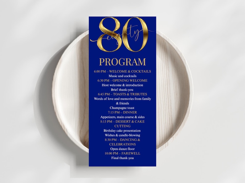 Blue and Gold 80th Birthday Event Program - Elegant Event Itinerary ...