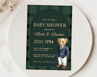 Teddy Bear Baby Shower Invitation – Preppy Green Plaid Invite, Editable Canva Template