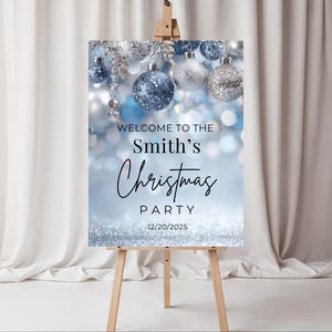 Blå och silverfärgad välkomstskylt för julfest - Elegant semesterposter, vinterland, redigerbar Canvas-mall
