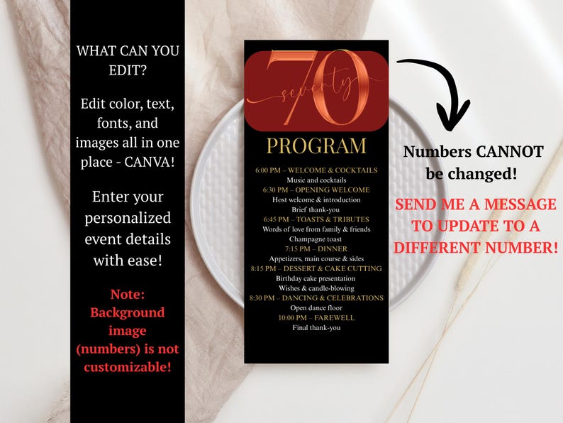 Black and Gold 70th Birthday Event Program - Elegant Event Itinerary ...
