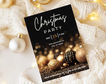 May include: A black Christmas party invitation with gold text and accents. The invitation includes the text "Christmas PARTY" and the date "DEC 25 7 PM". Decorative gold ornaments are in the background.