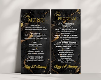 Schwarz-Gold-Menü und Programmvorlage - Elegantes Abendmenü & formelles Veranstaltungsprogramm, bearbeitbare Canva-Vorlage