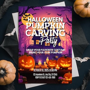 May include: A Halloween Pumpkin Carving Party invitation with a spooky design. The flyer features a haunted house, carved pumpkins, bats, and the text "Wear your favorite costume, bring your own pumpkin." The date and time are also included.