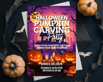 May include: A Halloween Pumpkin Carving Party invitation with a spooky design. The flyer features a haunted house, carved pumpkins, bats, and the text "Wear your favorite costume, bring your own pumpkin." The date and time are also included.