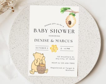 Winnie the Pooh Baby Shower Invitation – Watercolor Storybook Invite, Editable Canva Template