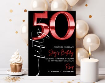Black & Red 50th Birthday Invitation – Dinner Party Invite, Editable Canva Template