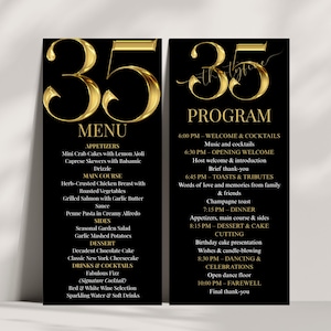 May include: Two vertical black cards with gold metallic text. The left card features the number 35, the word MENU, and a list of food items. The right card features the number 35, the text 35th, the word PROGRAM, and a schedule of event times.