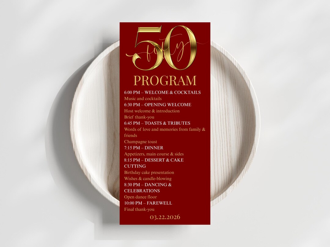 Red and Gold 50th Birthday Event Program - Elegant Event Itinerary ...