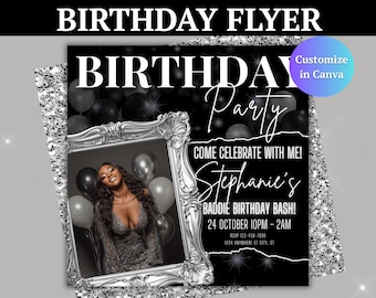 Schwarzer Geburtstag Flyer - Geburtstagsfeier Einladung, Baddie Birthday Bash, bearbeitbare Canva Vorlage