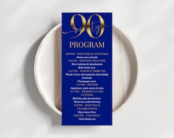 Blue and Gold 90th Birthday Event Program - Elegant Event Itinerary, Editable Canva Template