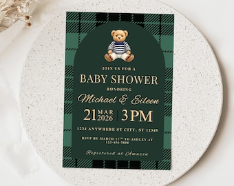 Teddy Bear Baby Shower Invitation - Preppy Green Plaid Invite, Editable Canva Template