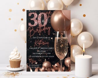 Könnte beinhalten: Eine Einladungskarte zum 30. Geburtstag mit roségoldenem Glitzertext, einem Champagnerglas und Luftballons. Der Text lautet: 30th Birthday, Join us to celebrate Katherine for her 30th birthday party, Saturday December 17th 8 PM, 123 Anywhere St City, State, RSVP by December 7th to 123-456-7890.