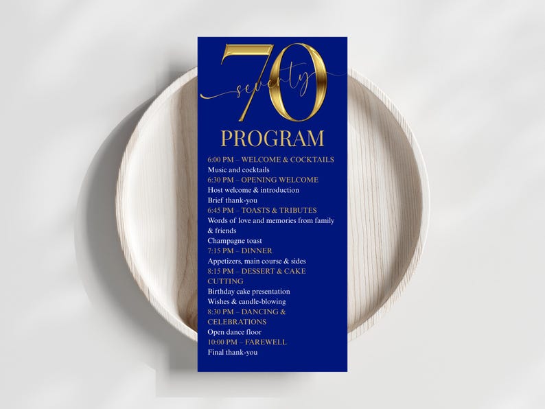 Blue and Gold 70th Birthday Event Program - Elegant Event Itinerary ...