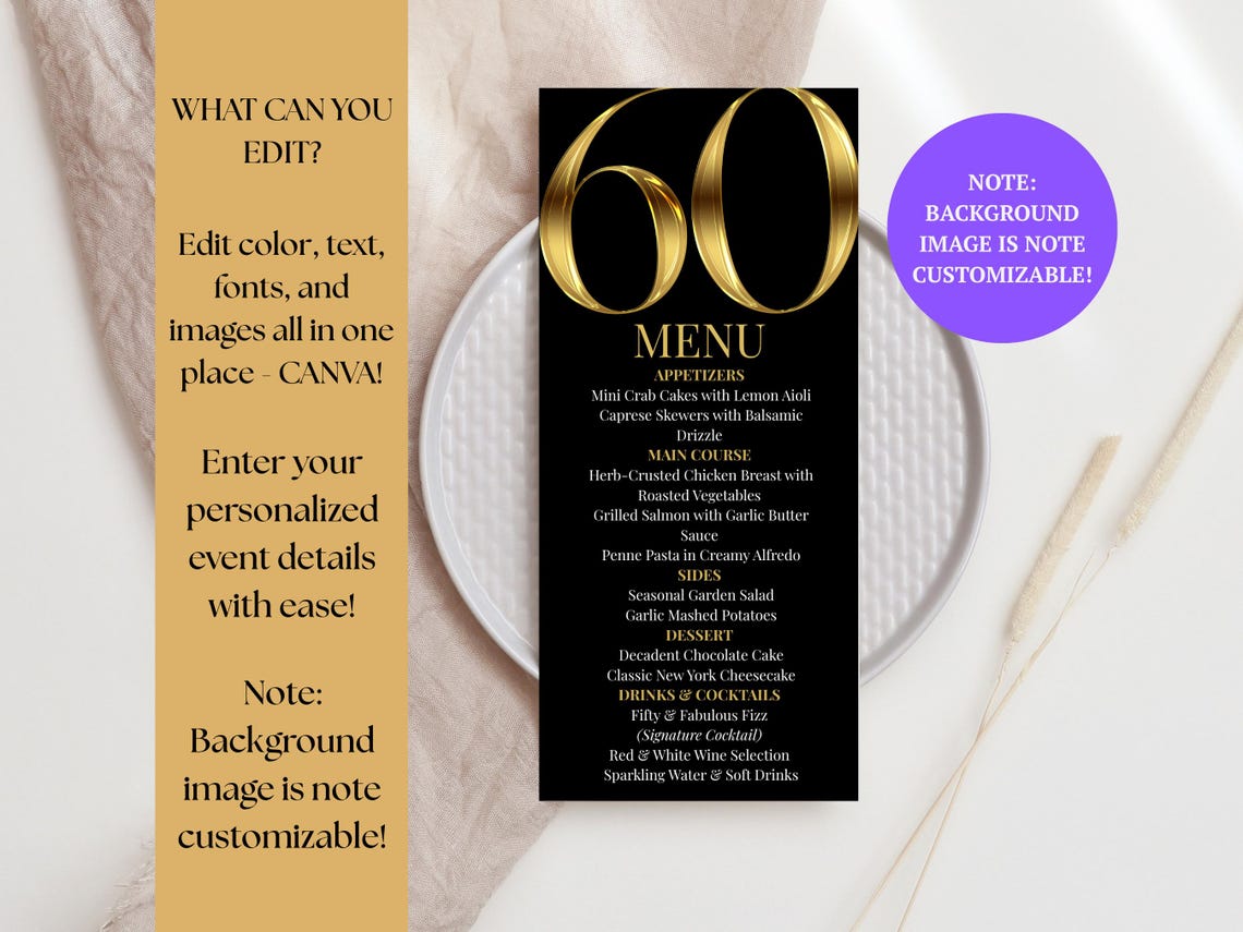 Black and Gold 60th Birthday Dinner Menu - Elegant Birthday Party Menu ...