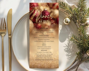 Menù per la cena di Natale - Rosso e oro, decorazioni natalizie stampabili, modello Canva modificabile