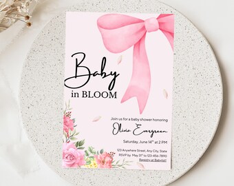Rosa Wildblumen-Babyparty-Einladung - Kokett-Schleife, bearbeitbare Canva-Vorlage