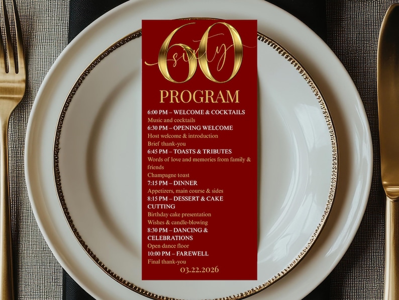 Red and Gold 60th Birthday Event Program - Elegant Event Itinerary ...
