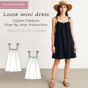 May include: A navy blue loose mini dress with thin tie-shoulder straps and a gathered neckline. The image includes text reading Customizable, Loose mini dress, Digital Pattern, Step by step instruction, and Virtual Try-On Included, plus two white line-art sketches of the dress design.