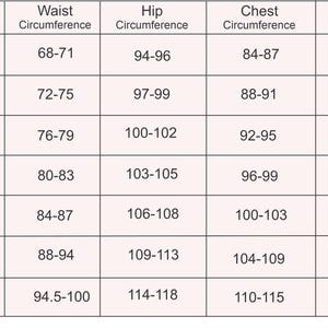 May include: A black and white clothing size chart table with columns for Size, Waist Circumference, Hip Circumference, Chest Circumference, and Sleeve Length. The chart lists sizes from S to 3XL, including corresponding EU, UK, and US size conversions.