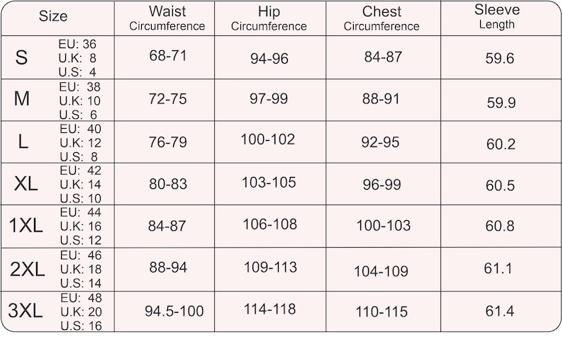 May include: A black and white clothing size chart table with columns for Size, Waist Circumference, Hip Circumference, Chest Circumference, and Sleeve Length. The chart lists sizes from S to 3XL, including corresponding EU, UK, and US size conversions.