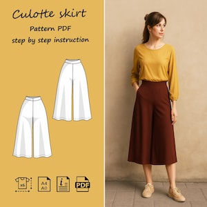 Puede incluir: Una mujer con una blusa mostaza y pantalones culotte marrones. La imagen incluye un diagrama de pantalones culotte blancos y el texto: "Falda culotte, Patrón PDF, instrucciones paso a paso."