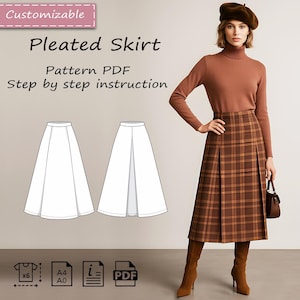 May include: A brown plaid pleated skirt with a high waist, worn with a brown turtleneck jumper, brown boots, and a small brown handbag. The image includes text reading Customizable, Pleated Skirt, Pattern PDF, and Step by step instruction.