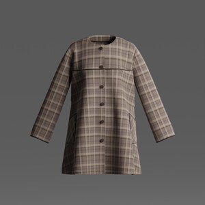 May include: A long-sleeved jacket featuring a brown and beige plaid pattern. The garment has a round neckline, a front button closure with six dark buttons, and two side pockets. A thin dark horizontal line accents the chest area.