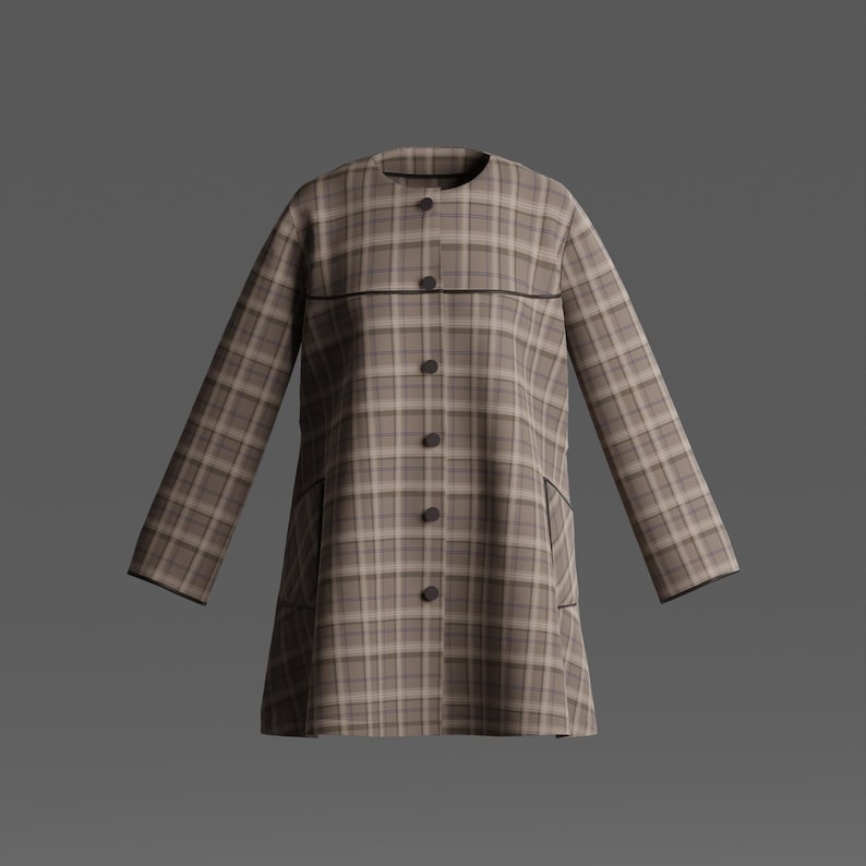 May include: A long-sleeved jacket featuring a brown and beige plaid pattern. The garment has a round neckline, a front button closure with six dark buttons, and two side pockets. A thin dark horizontal line accents the chest area.