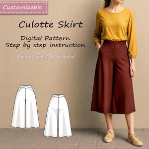 May include: A digital sewing pattern for a culotte skirt featuring text that reads Customizable, Culotte Skirt, Digital Pattern, Step by step instruction, and Virtual Try-On Included. The image shows a brown culotte skirt and a white line drawing.