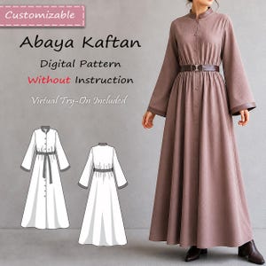 Könnte beinhalten: Ein altrosa Abaya-Kaftan mit Stehkragen, langen Ärmeln mit Manschetten, durchgehender Knopfleiste und einem dunkelbraunen Gürtel. Das Bild enthält den Text Customizable, Abaya Kaftan, Digital Pattern, Without Instruction, Virtual Try-On Included sowie zwei weiße Linienskizzen, die die Vorder- und Rückansicht des Kleidungsstücks zeigen.