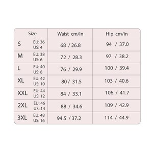 May include: A size chart table with a light pink background and dark text. It lists sizes from S to 3XL, including EU and US equivalents, with corresponding waist and hip measurements in both centimetres and inches for each size category.