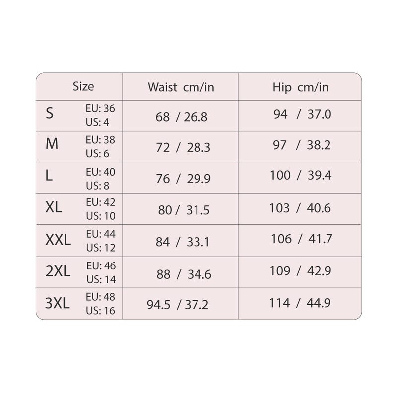 May include: A size chart table with a light pink background and dark text. It lists sizes from S to 3XL, including EU and US equivalents, with corresponding waist and hip measurements in both centimetres and inches for each size category.