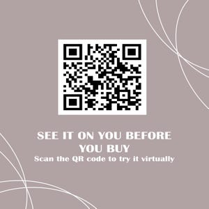 May include: A square black and white QR code centered on a mauve background with white curved lines. Below the code, white text reads: SEE IT ON YOU BEFORE YOU BUY. Scan the QR code to try it virtually. The design is clean and informative.