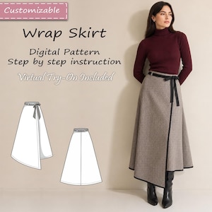 May include: A midi-length wrap skirt in a textured brown and beige herringbone pattern with a black waist tie and black hem trim. The image includes text reading Customizable, Wrap Skirt, Digital Pattern, Step by step instruction, Virtual Try-On Included, and two white line-art sketches of the skirt design.