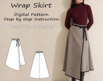 May include: A midi-length wrap skirt in a textured brown and beige herringbone pattern with a black waist tie and black hem trim. The image includes text reading Customizable, Wrap Skirt, Digital Pattern, Step by step instruction, Virtual Try-On Included, and two white line-art sketches of the skirt design.