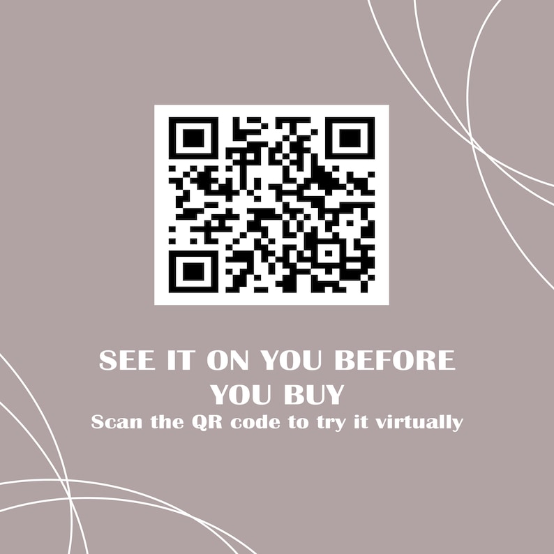 May include: A square black and white QR code centred on a mauve background with thin white curved lines. The text reads: SEE IT ON YOU BEFORE YOU BUY. Scan the QR code to try it virtually. This graphic serves as a digital tool for virtual try-ons.
