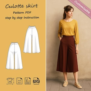 May include: A woman in a mustard yellow top and brown culotte skirt. The image shows a diagram of a white culotte skirt and text: "Culotte skirt, Pattern PDF, step by step instruction". A "Customizable" banner is also visible. The skirt is approximately 76 cm long.